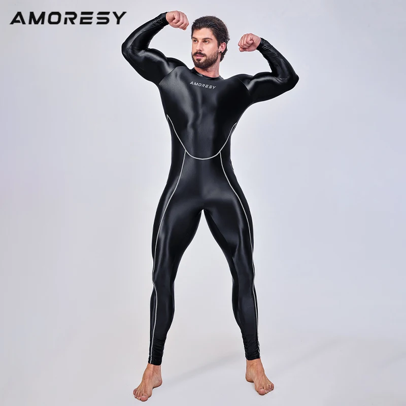 AMORESY Men Sexy Smooth One Piece Bodysuit Running Fitness Catsuit Stretch Cosplay Bodystocking Spandex Overall Zentai Jumpsuits 2
