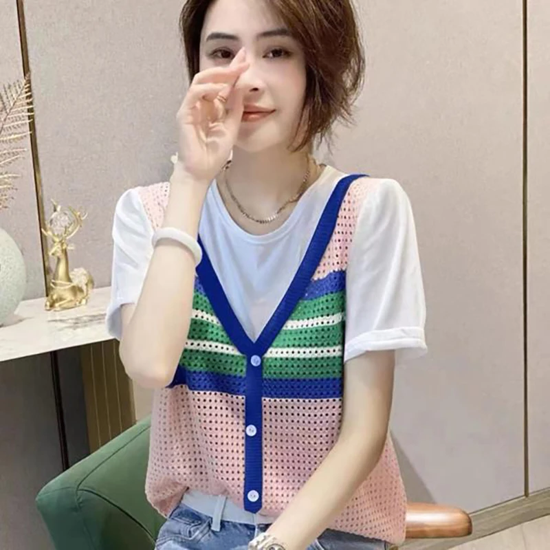 Fashion O-Neck Spliced Striped Hollow Out Fake Two Pieces Blouses Women's Clothing 2024 Summer Loose Korean Tops Casual Shirts