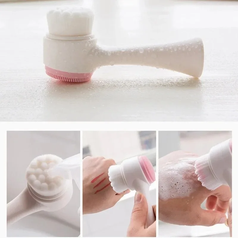 3D Double Silicone Facial Cleansing Brush Manual Massage Facial Brush Soft Bristles Exfoliator Double Sided Face Wash