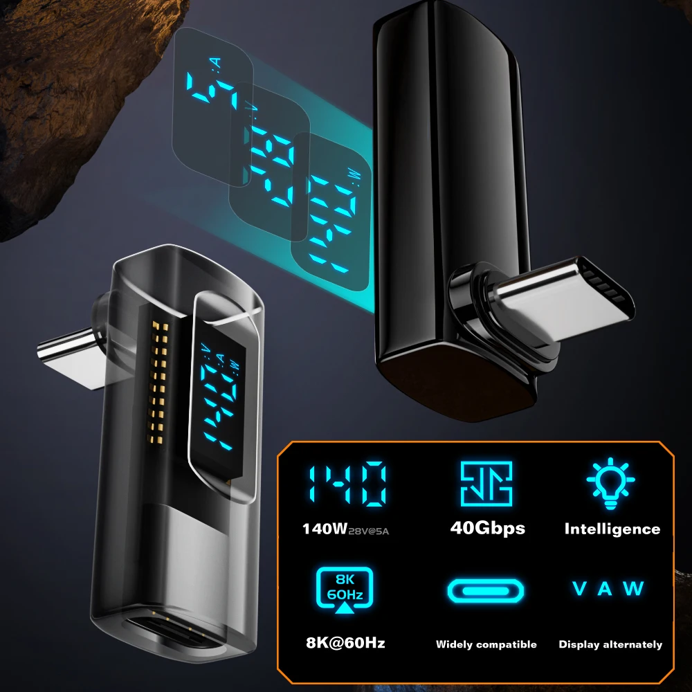 USB4 직각 어댑터 40Gbps 140W PD 썬더볼트 4 엘보 어댑터 90도 U자형 타입-C to C 커넥터 LED 디스플레이 포함