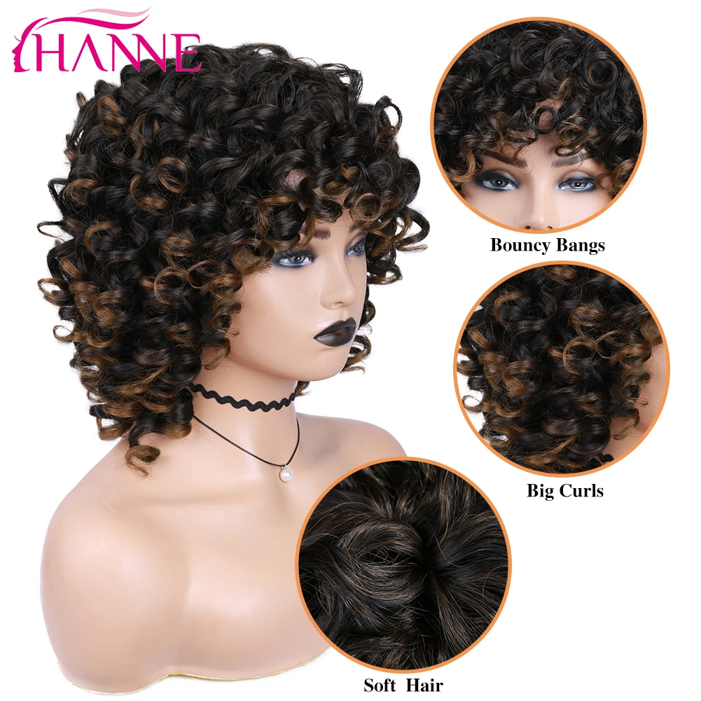 HANNE Short Curly Afro Wigs Black Brown Highlights Kinky Curly Wavy Synthetic Wigs with Bangs Natural Looking For Black Women image_2