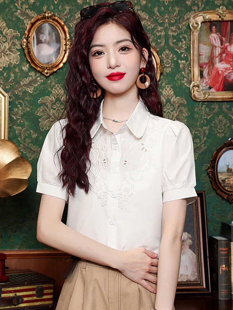 smthma-embroidered-hollow-out-blouse-women-new-short-sleeve-polo-collar