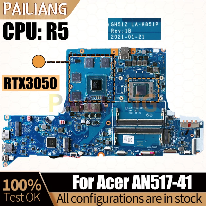 

For ACER AN517-41 Laptop Mainboard LA-K851P NBQBA11001 R5 CPU RTX3050 GPU Notebook Motherboard
