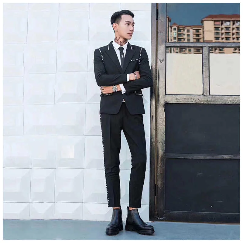 sport coat De Trajes Hombre British Style Slim Suit Two-piece Suit Nightclub Rivet Coat Smoking Homme Mariage Fashion Korea Suit Male blazers