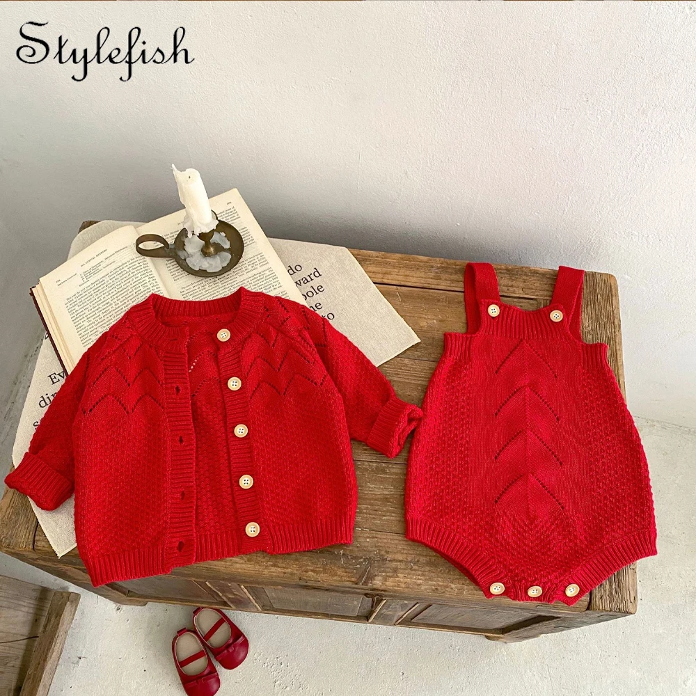Baby Girls Sweater Spring Outfit Baby Girl Hollow Knit Jacket Solid Color Suspender Knit Sweater 2 Pieces