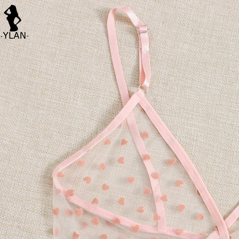 섹시한 여성 브라 및 팬티 세트, 섹시한 란제리, 핑크 메쉬, 시스루, 에로틱 란제리, 러브 프린팅