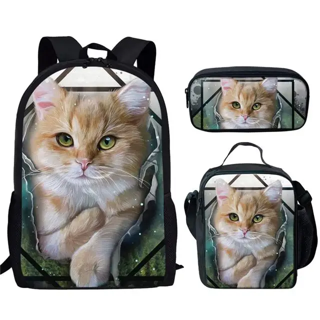 Harajuku Cute Cat Pattern 3pcs/Set Backpack 3D Print School Student Bookbag Travel Laptop Daypack Shoulder Bag Pencil Case