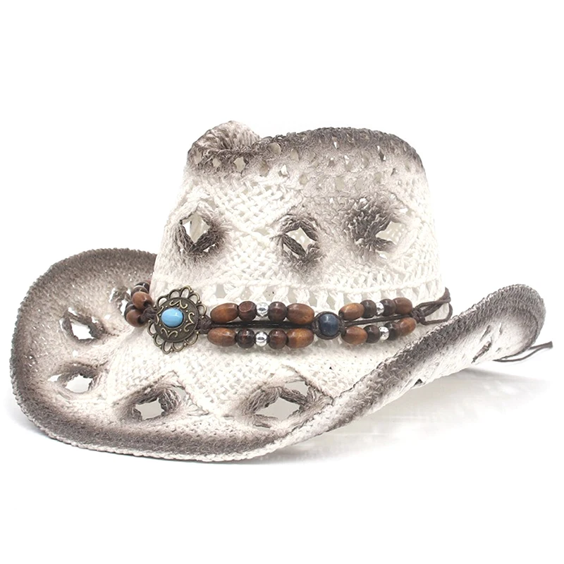 Combhasaki Y2K Retro Cowboy Hat Creative Curled Straw Hollow Design Ethnic Style Beads Chain Decoration Shade Straw Hat