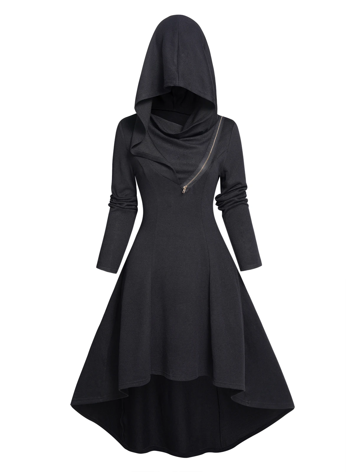 Solid Color Black Hooded Dress Women High Low Long Sleeve Zipper Embellishment Surplice Robe