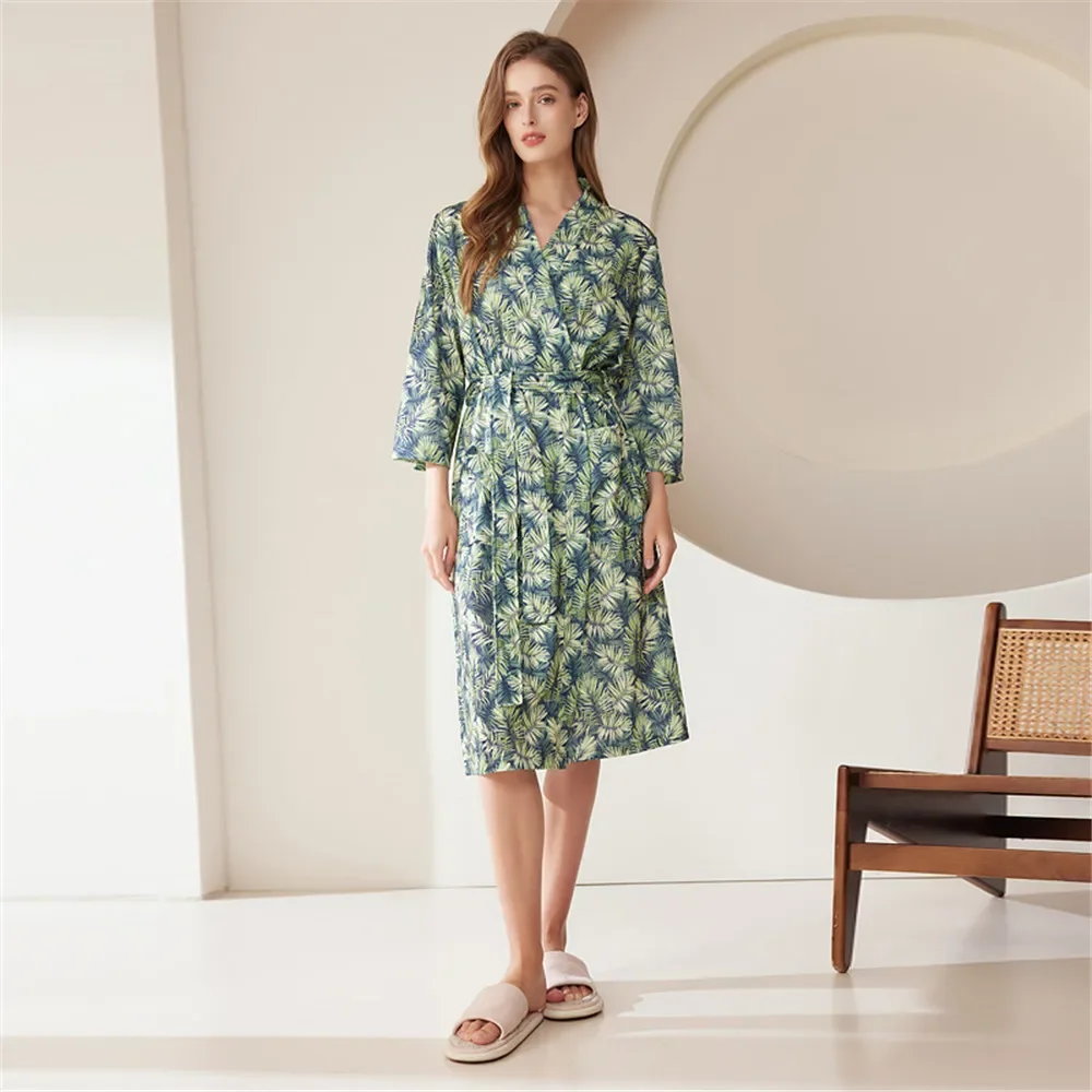 Print Waffle Bathrobe Men Women Summer Thin Robe Shower Plaid Dressing Gown Knee Length Breathable Nightgown Home Cloth