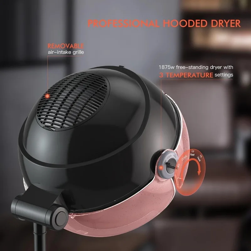 TASALON Ionic Hooded Hair Dryer, 1875W Professional Standing Hair Dryer Bonnet with 3 Temperature Settings,for Home & Salon,Pink 3