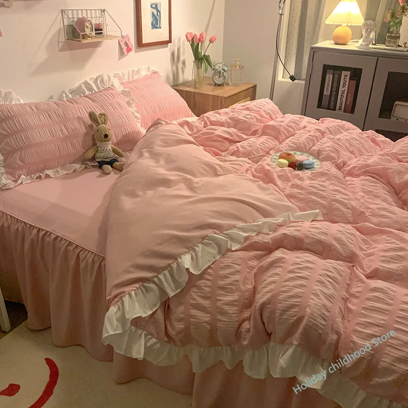 Pink Ruffled Seersucker Duvet Cover Set 3/4pcs Soft Lightweight Down Alternative Grey Bedding  with Bed Skirt and Pillowcases