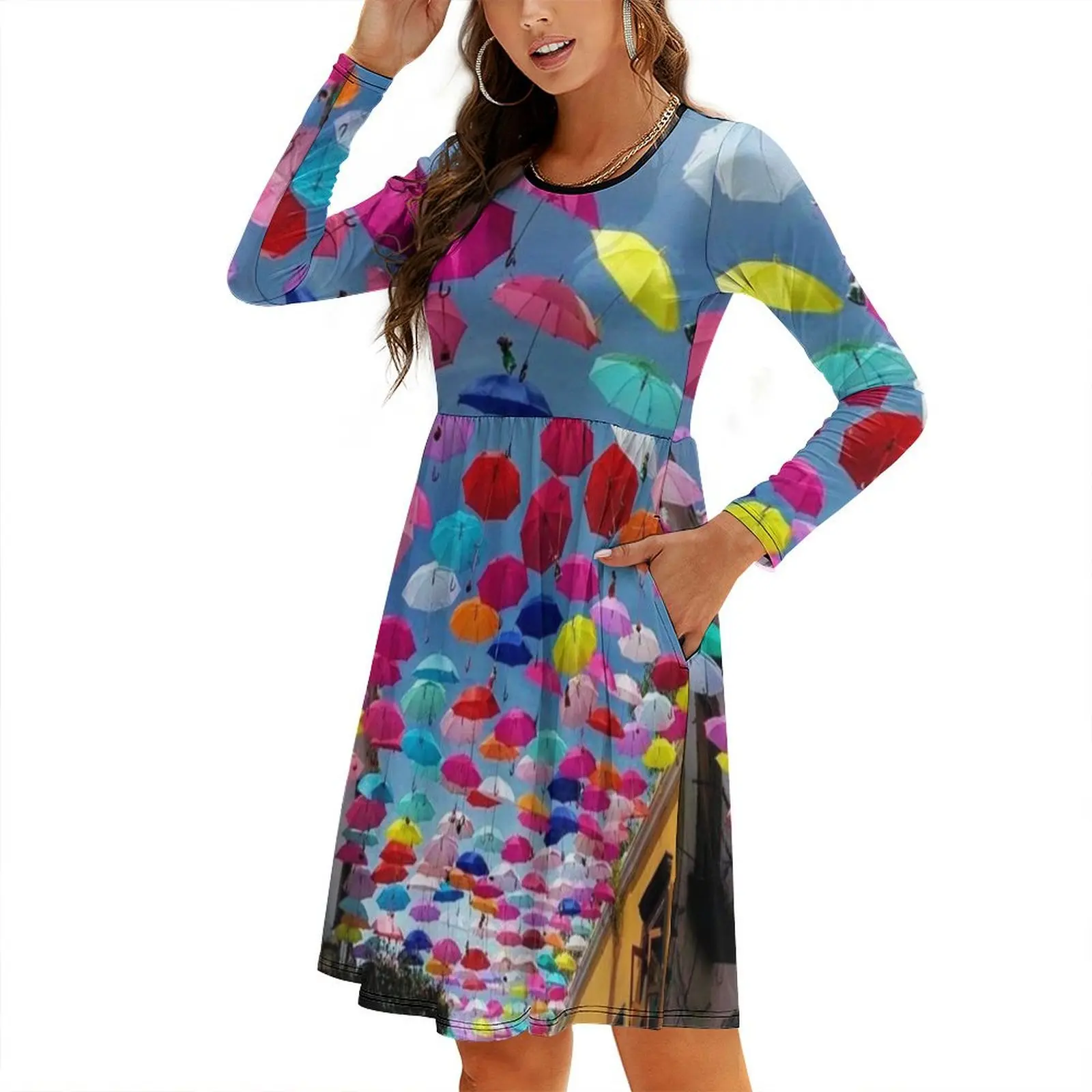 

Rainbow Umbrellas Round Neck Baggy Dress dresses with long sleeves Dresses gala dresses for womens