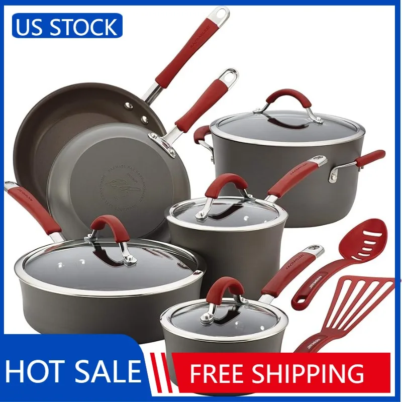 

Rachael Ray - 87630 Rachael Ray Cucina Hard Anodized Nonstick Cookware Pots and Pans Set, 12 Piece, Gray with Red Handles