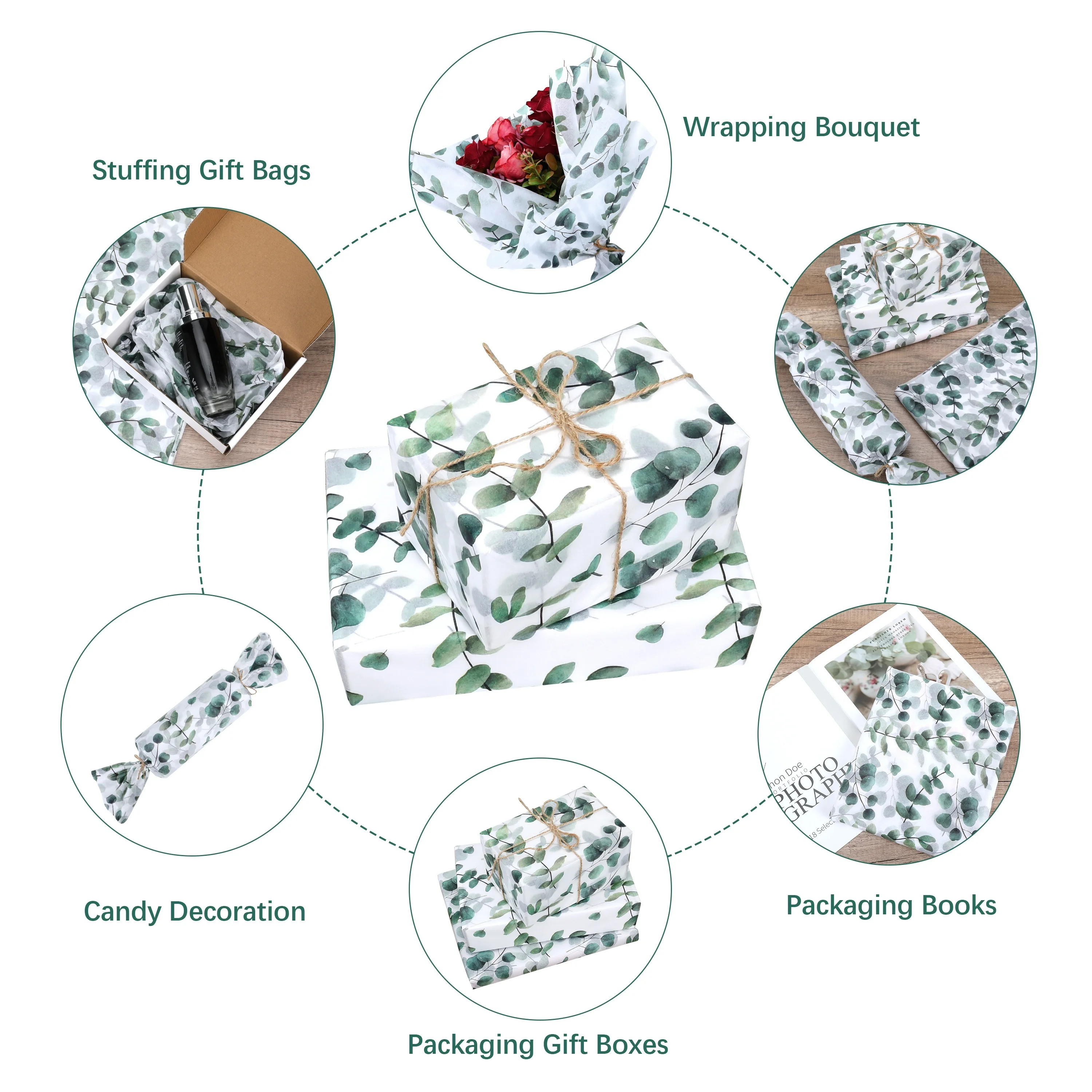 30/10pcs eucalyptus & snow pear tissue paper 35x50 cm green leaf design for gift wrapping party favors birthdays weddings