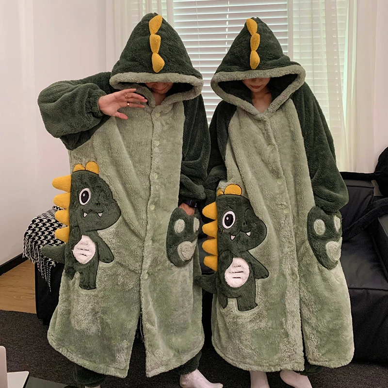 

Kigurumis Dinosaur Pajamas Women's Robes Cartoon Couples Coral Velvet Men Nightgown Winter Thick Robe Two piece set Pijama Loung