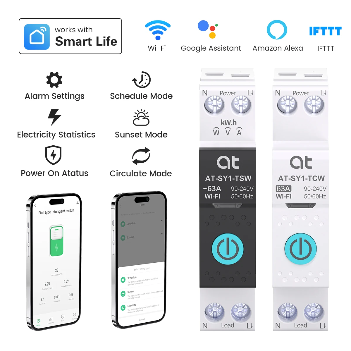 เบรกเกอร์วงจรไฟฟ้าอัจฉริยะ TUYA WIFI พร้อมมิเตอร์วัดพลังงาน 63A 1P แบบติดราง DIN สำหรับบ้านอัจฉริยะ ควบคุมระยะไกลแบบไร้สายผ่านแอป ATELE 1