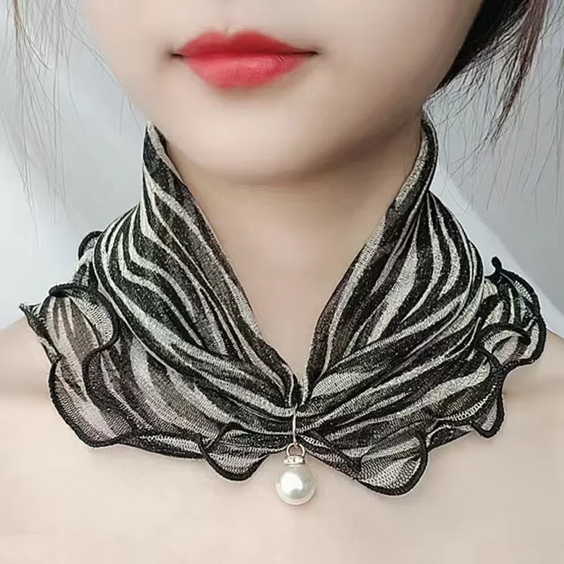 Elegant Shimmer Ruffle Lace Scarf with Pearl Pendant