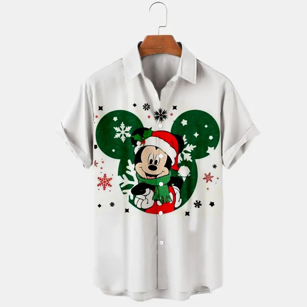 New Christmas Disney Brand Kawaii Stitch and Mickey Anime 3D Printing Men\'s Lapel Short Sleeve Shirt Harajuku Style Slim Top Y2K