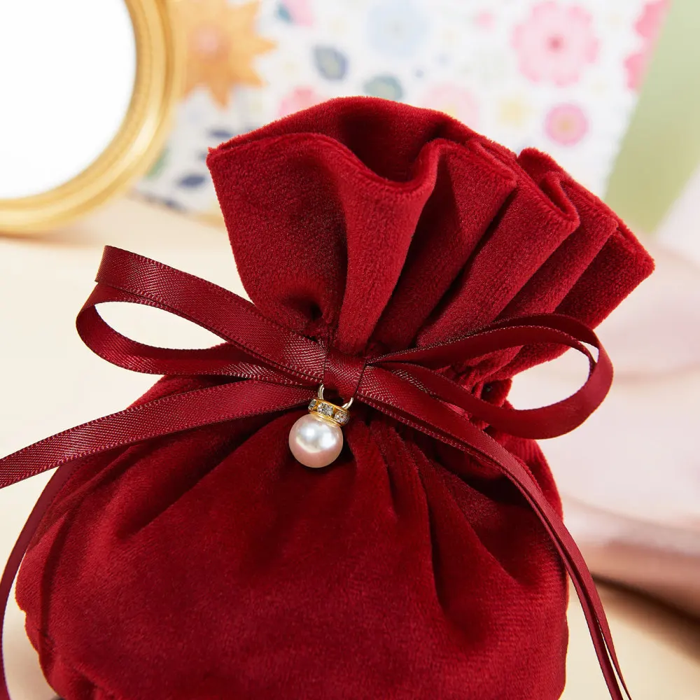10 Pcs Dark Red Runde Bottom Kordel Samt Tuch Geschenk Schmuck Candy Geschenk Taschen mit Faux Perle Charme für Weihnachten party – Detail 3