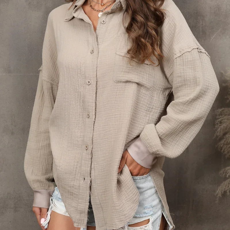 Womens Spring and Autumn New Lapel Shirt Solid Color Loose Button Pockets Splicing Versatile Lantern Sleeve Cardigan Tops