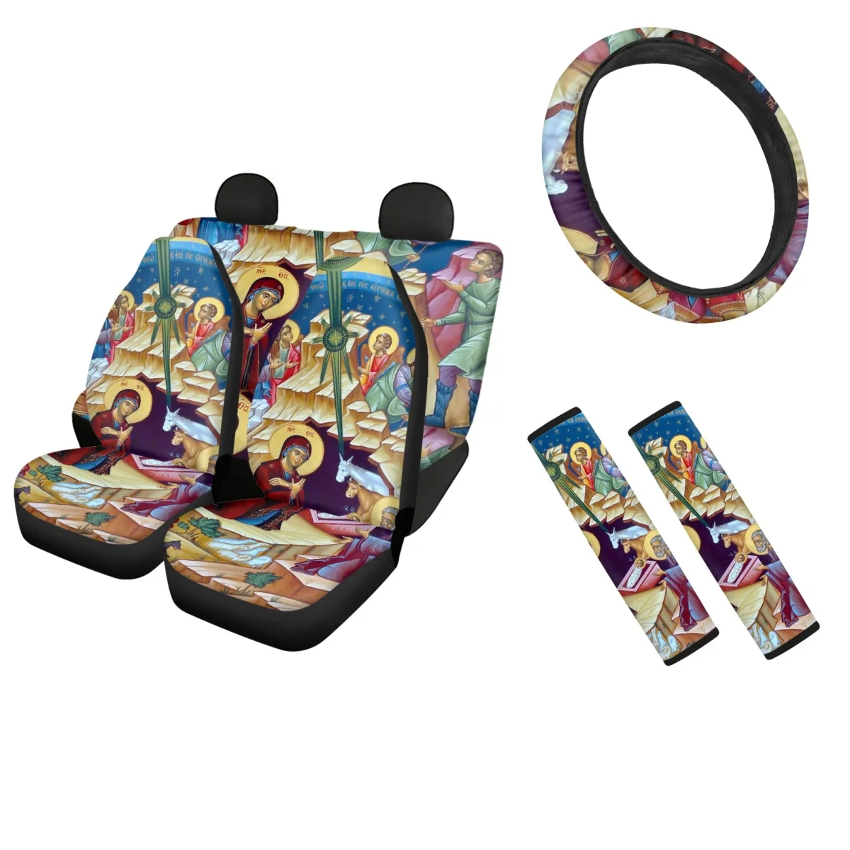 

Epiphany Pattern Design Full Set Car Seat Covers Slip-Resistant Set of 2 Shoulder Strap Pads Steering Wheel Cover Fit Most Autos