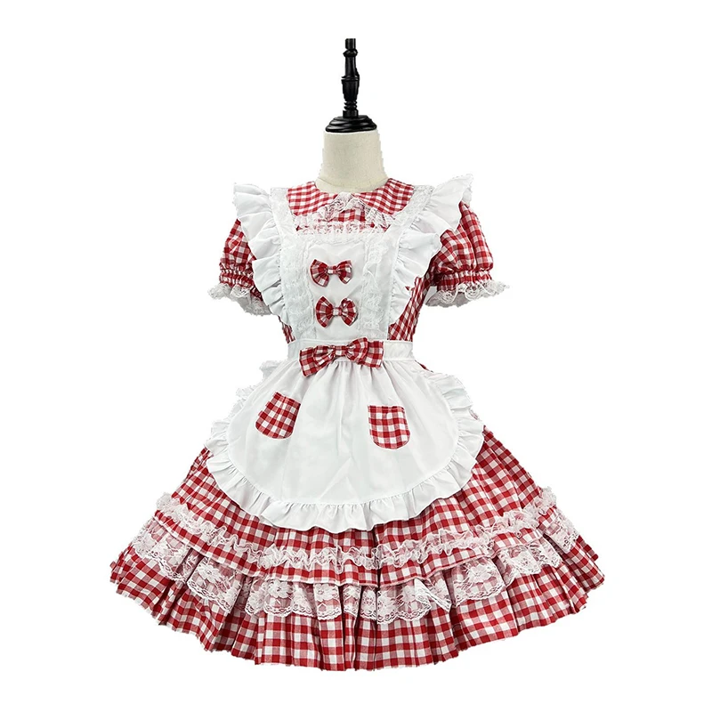 S-5XL Red White Chequered Dress Sweet Girl Servant Costume Maid Outfit ...