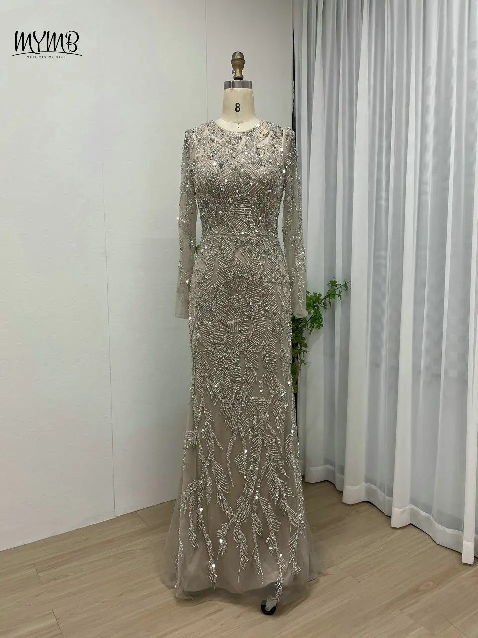 MYMB Nackte muslimische Abendkleider mit langen Ärmeln und Perlen für formelle Anlässe und abnehmbarer Schleppe, arabische elegante Meerjungfrau-Abendparty-Kleider – Detail 13