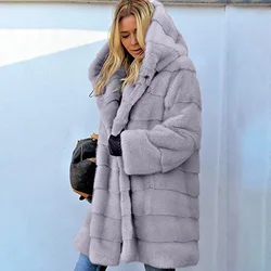 S-7XL Fashion Winter Warm Euro Women Faux Mink Fur Long Coat Hooded Jacket Office Lady Outdoor Casual Clothing Girl Party Gift