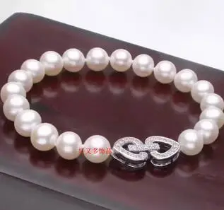 

Handmade micro inlay zircon clasp natural 8-9mm white freshwater pearl bracelet 925silver