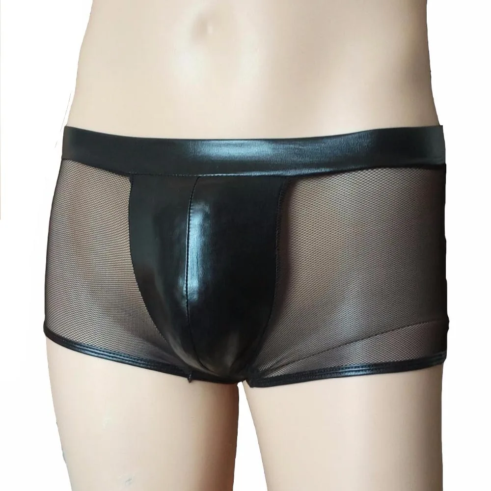 Men Sissy Faux Leather Wet Look Pouch Sheer Mesh Boxer Brief Hot Under Pants Underwear Fetish Bottom Lingerie Outfit