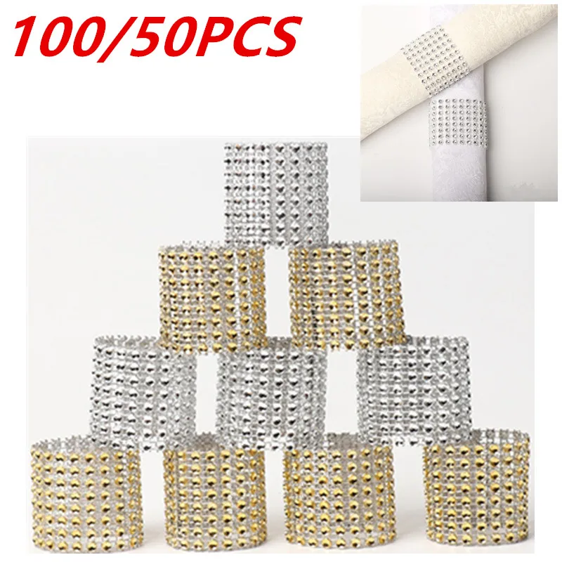 Rhinestone Napkin Rings Bling Decoration Wedding Dinner Elegant Gold Sliver Napkin Rings Holder Party Supplies 100/50pcs napkin ring
