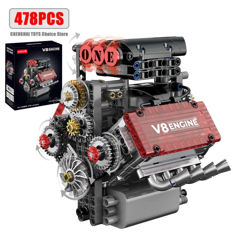 478PCS 크리 에이 티브 V8 엔진 모델 빌딩 블록 전기 모터가있는 세트 DI..