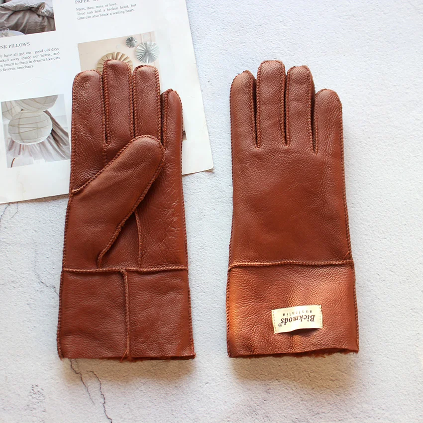 Women's Thickened Winter Sheepskin Fur Gloves Windproof Warm Outdoor Motorcycle Riding Color Leather Finger Gloves