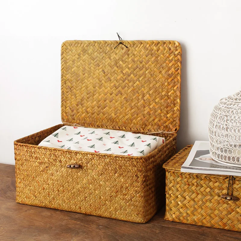 Woven Storage Baskets Rectangular Wicker Storage with Lid Woven Storage Box Woven Natural Reed Storage Basket for Bookshelves De 2