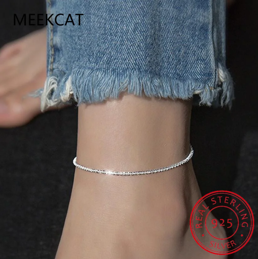 MEEKCAT Sparkling Gypsophila Anklet 925 Sterling Silver Adjustable Chain Simple Fashion Fine Jewelry for Women