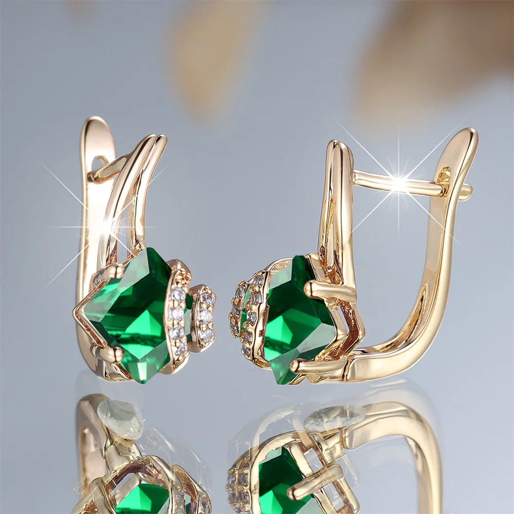 Cute Green Crystal Square Stone Geometric Hoop Earrings For Women Vintage Gold Color Ear Buckle Wedding Jewelry Engagement Gifts