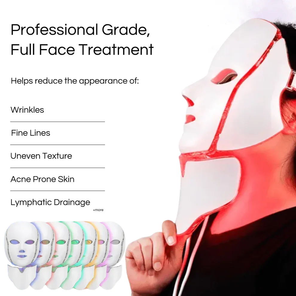 LED Facial Mask 7 Colors Light Therapy Skin Rejuvenation Acne Treatment Beauty Face Mask Machine Anti-Aging Wrinkle Reduction