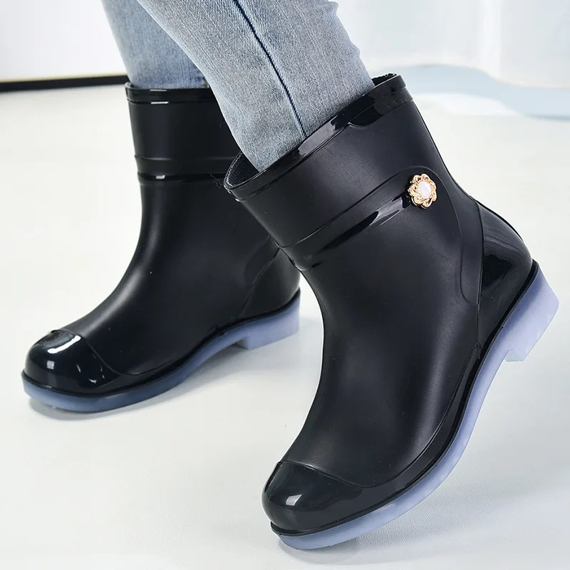 Hot 2023 Women Mid-calf PVC Rain Boots Slip-on Short Rain Shoes Waterproof Water Shoes Wellies