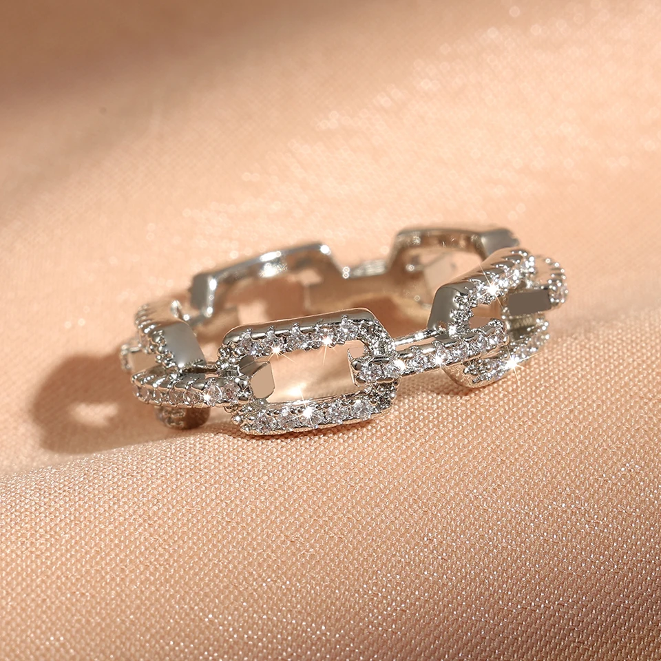 Yupsk Luxury Buling Cubic Zirconia Hollow Rectangle Link Rings for Women Exquisite Engagement Wedding Finger Ring Jewelry Gift