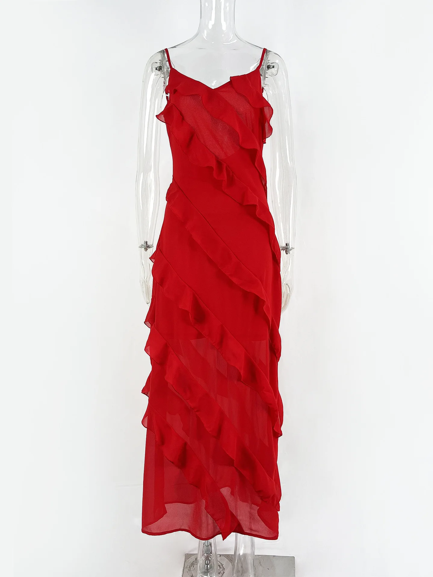 New 2025 Women's Ruffles Chiffon Maxi Dress Backlesss Split