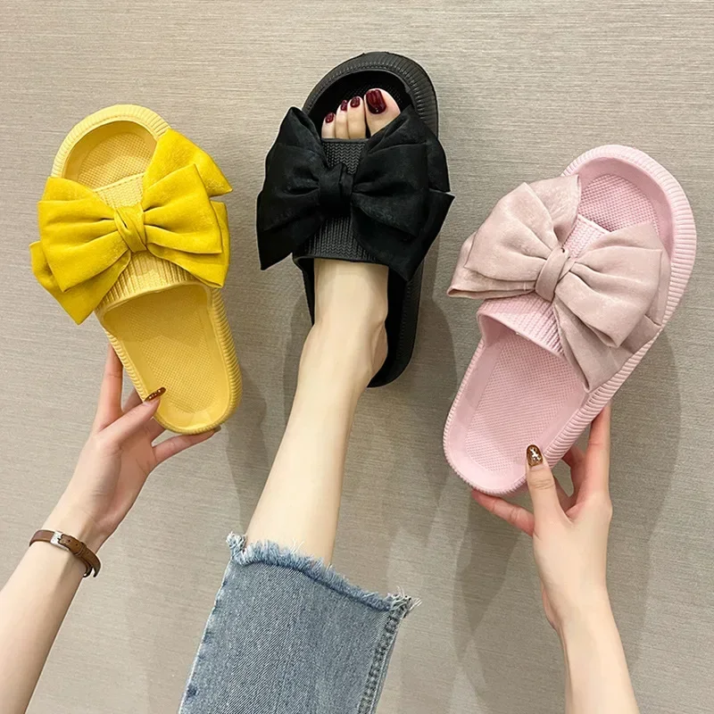 New bow tie Slippers Women Summer Thick Indoor Home Sandals Couples Bathroom Slides Non-slip Soft House Slippers femme