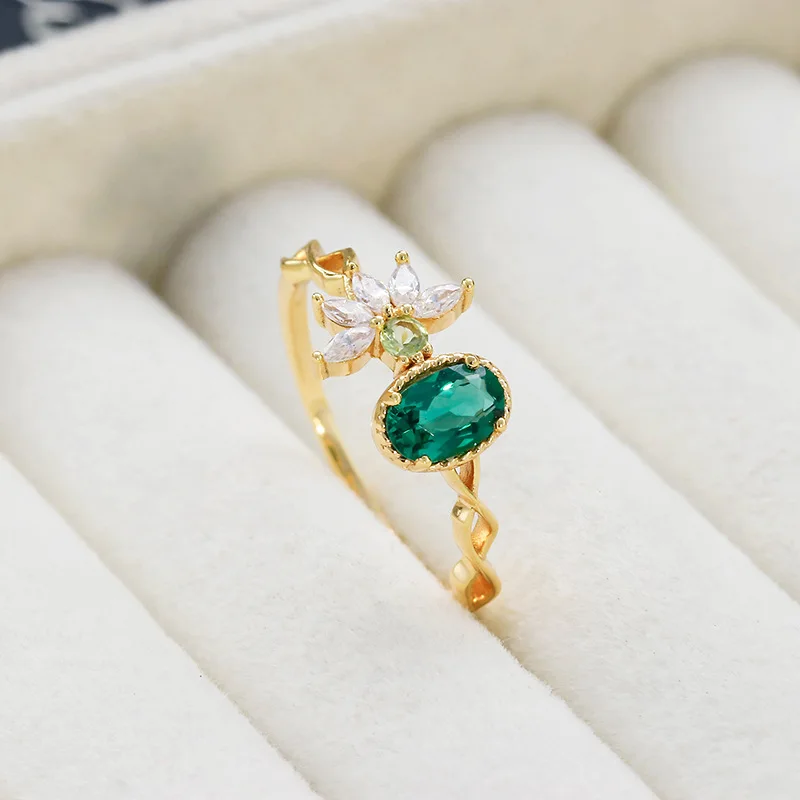 

LAMOON Wedding Rings Women Accessories Flower Shape Natural Green Crystal Gemstone Ring 925 Sterling Silver Gold Plated RI225