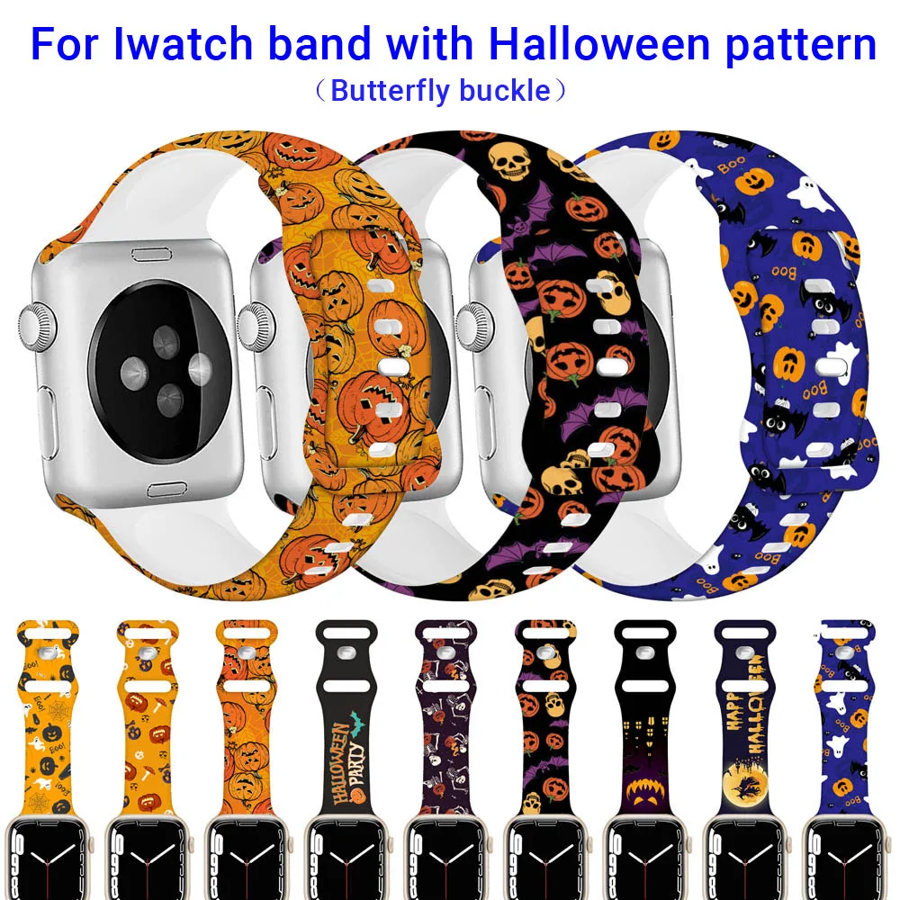 

Halloween pattern Silicone Band for Apple Watch Ultra8 7 6 5 4 3 SE2 Series 49 45 44 42 41 40 38mm iWatch Butterfly buckle Sport