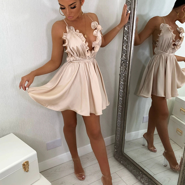 Satin Ruffle Deep V-Neck Dress Women Backless Lace Up Mini Party Club Dress 2022 New Fashion Summer High Street Solid Dress