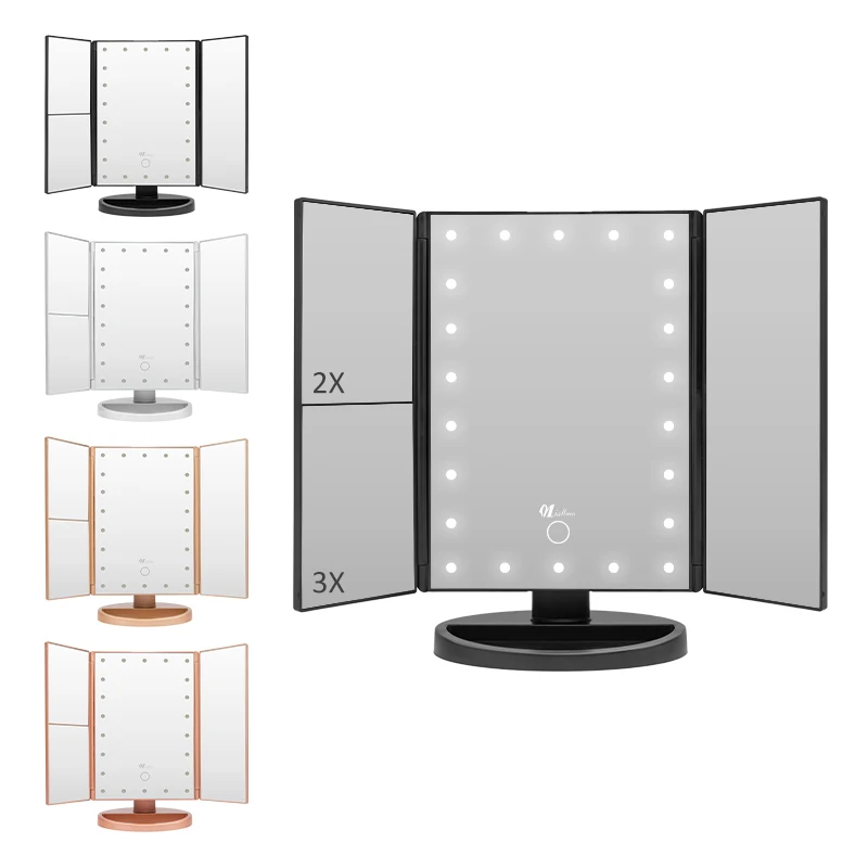 3-Sided LED Vanity Mirror-Touch Control Dimming 2X/3X Magnification & 360&deg; Rotation for Professional Makeup
