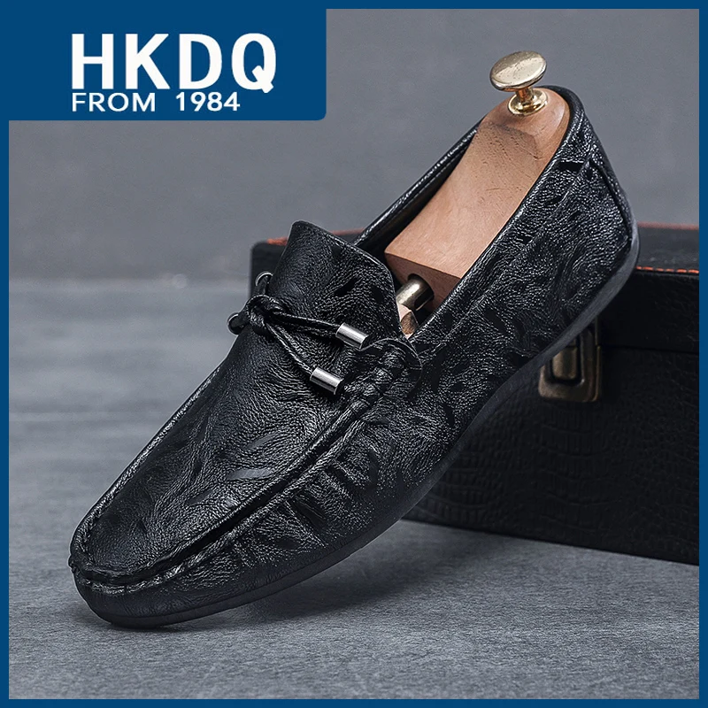 

HKDQ 2023 Fashion Black Men's Leather Moccasins Flat Slip-on Driving Shoes For Men Soft Comfortable Non-slip Man Casual Loafers