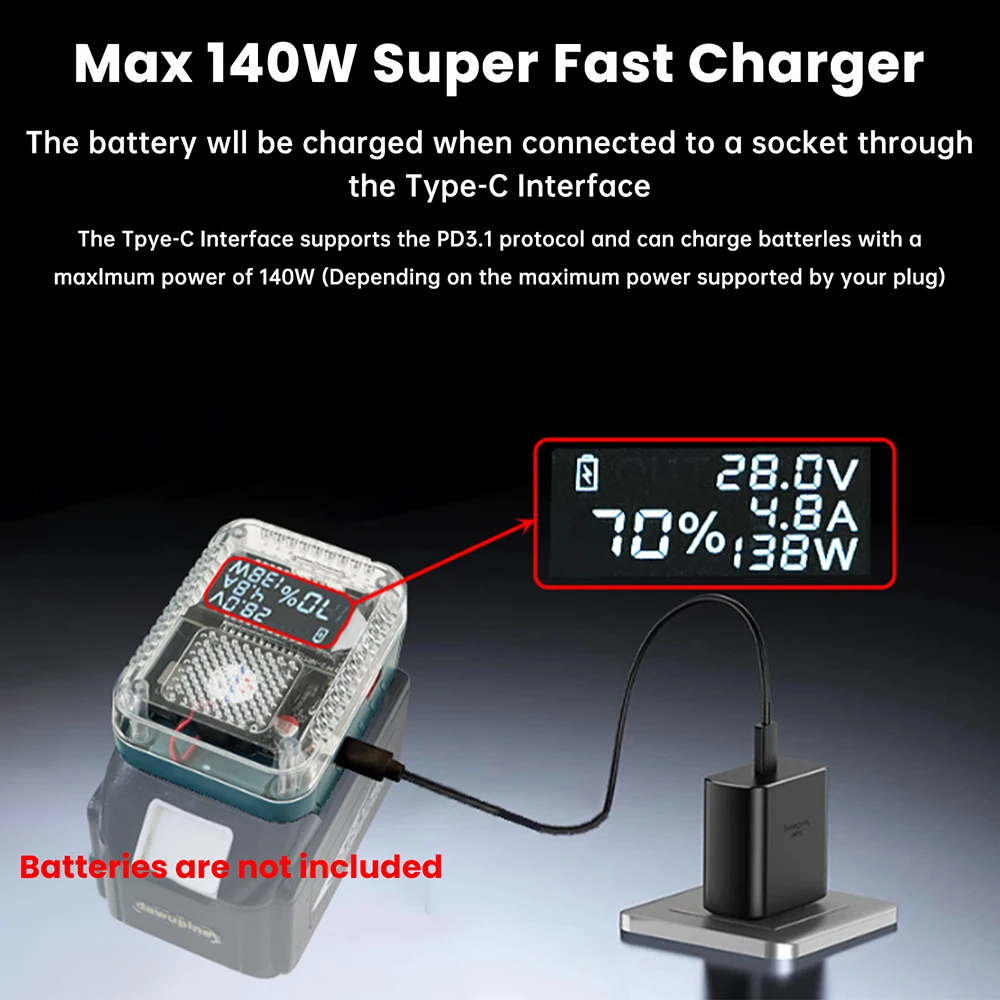 마키타 18V 충전기용 리튬 배터리 케이스 충전기 USB 타입-C 보조배터리 140W 휴대폰 컨버터 보조배터리 어댑터