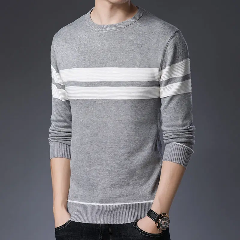 Fashion Men Basic Striped Sweater Spring Autumn New Korean Slim Long Sleeve Tops Male Clothes Casual Knitted Bottoming Pullovers