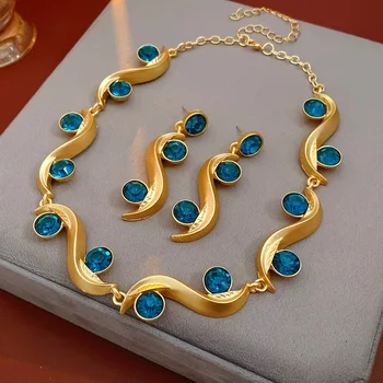 1/2 Pcs Unique Round Wave Long Earrings Blue Rhinestone Adjustable Chain Necklace Bohemian Women Fashion Jewelry Set Vacation N 1
